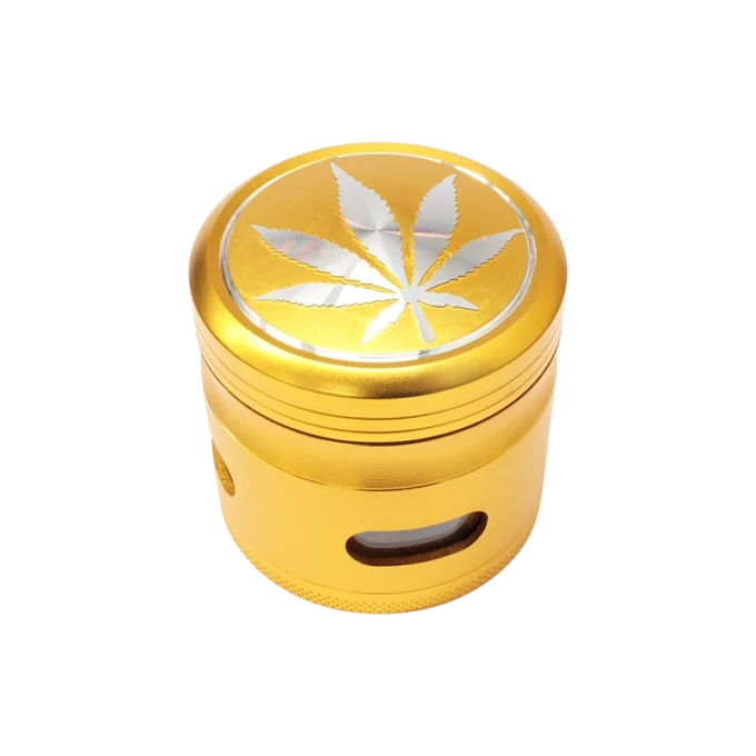 Grinder Dorado 4 Partes con Hoja de Marihuana – Molinillo Metálico Premium para Hierba